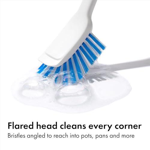 Dish Scrub Brush with Non-Slip Handle & Built-In Scraper - Nylon Bristles