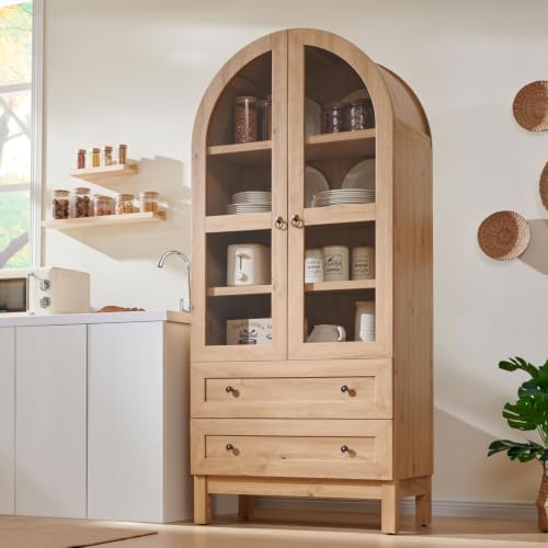 71" Arched Kitchen Pantry Cabinet with Glass Doors & Drawers