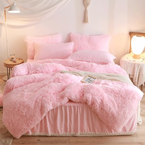 Fluffy Pink Faux Fur Duvet Cover Set - 3-Piece Queen Shaggy Bedding
