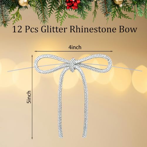 Silvery Glitter Rhinestone Bow Ornaments 12-Pack 5x4 Inch for Christmas Tree—TNTIWQ Variation Silvery