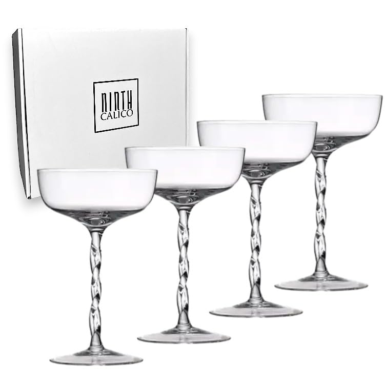 Ninth Calico Crystal Cocktail Coupe Glasses, Set of 4, Elegant Stemware for Parties and Special Occasions, Large, Clear, NC-004