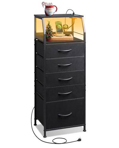5-Drawer LED Nightstand with Charging Station and Open Shelves