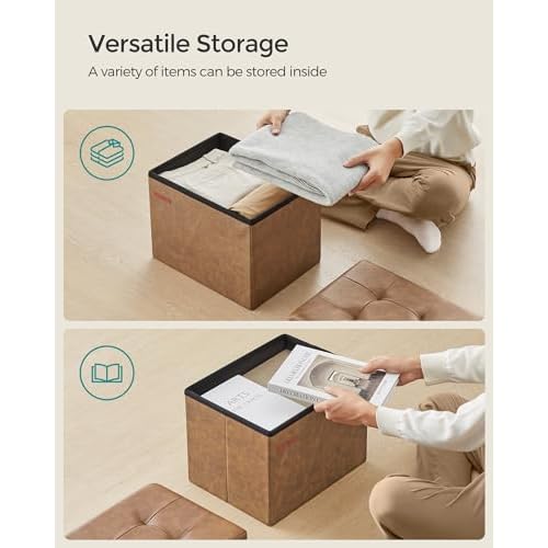 SONGMICS Small Folding Storage Ottoman, Foot Rest Stool, Cube Footrest, Synthetic Leather, 12.2 x 16.1 x 12.2 Inches, 286 lb Capacity, for Living Room, Bedroom, Dorm, Coffee Brown ULSF100K01