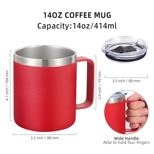 Volhoply 14oz Insulated Stainless Steel Coffee Mug with Lid, 4 Pack, Red