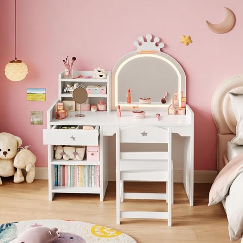 4-Piece Kids Vanity Set with Lighted Mirror, Chair, and Storage Cabinet