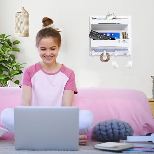 Wall-Mounted Bedside Shelf Organizer with Hooks, Adhesive Floating Caddy