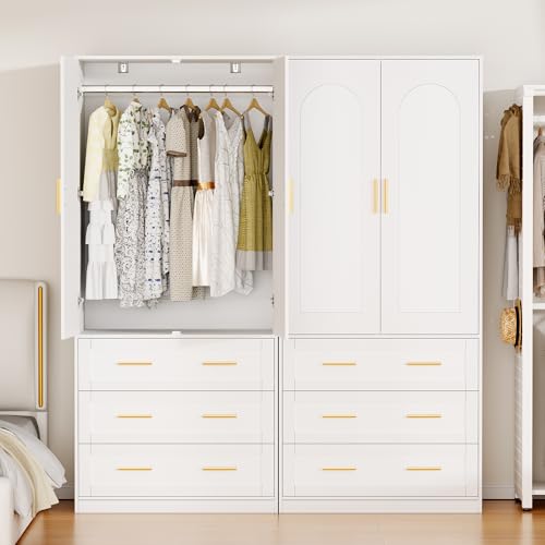 71-Inch Freestanding Wooden Wardrobe Closet with 3 Drawers and Hanging Rod