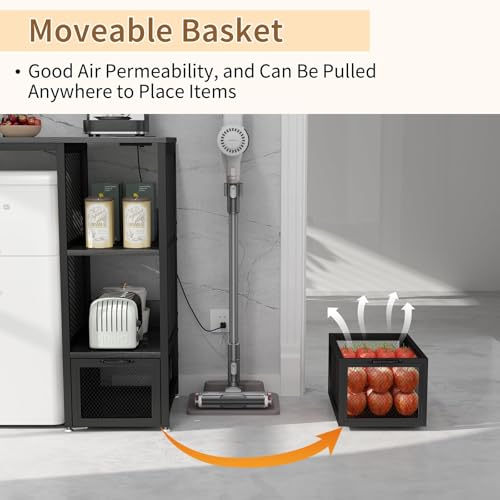 Kitchen Mini Fridge Stand with Power Outlet and Mesh Storage Drawer, Black