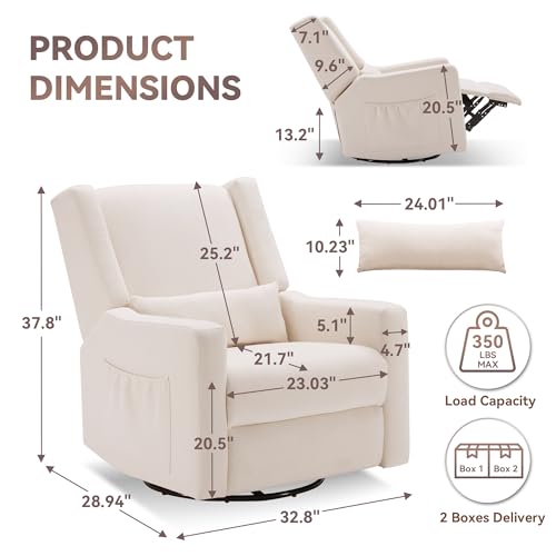 32-Inch Swivel Nursery Rocking Chair with Lumbar Support and Footrest
