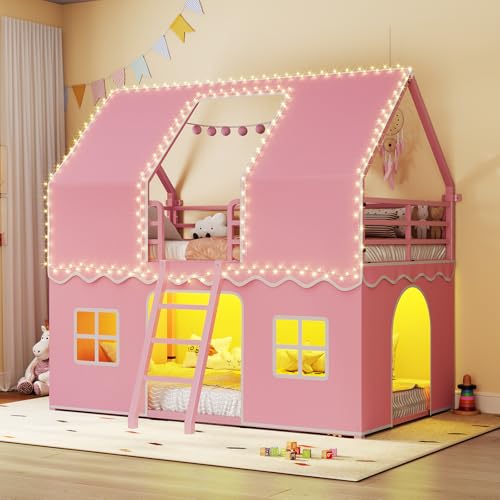 Twin Over Twin Metal Bunk Bed with LED Lights and Play Tent Curtains