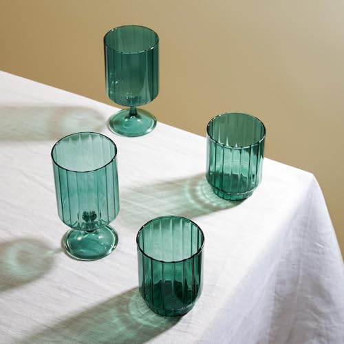 Ribbed Malachite Green Stemmed Goblets, 12 oz Vintage Glassware Set of 2