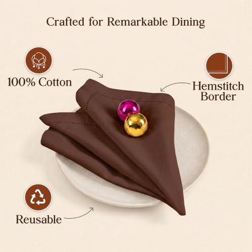 100% Cotton Hemstitch Cloth Napkins - Chocolate, 18x18 Inch, Set of 12