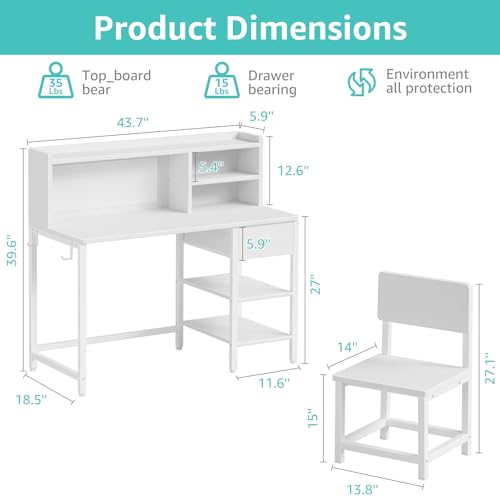 Kids Study Desk and Chair Set with Hutch, Storage Shelves and Fabric Drawer