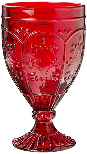 Red Ornate Glass Goblets, 12 oz Vintage Patterned Drinking Glasses, Set of 4