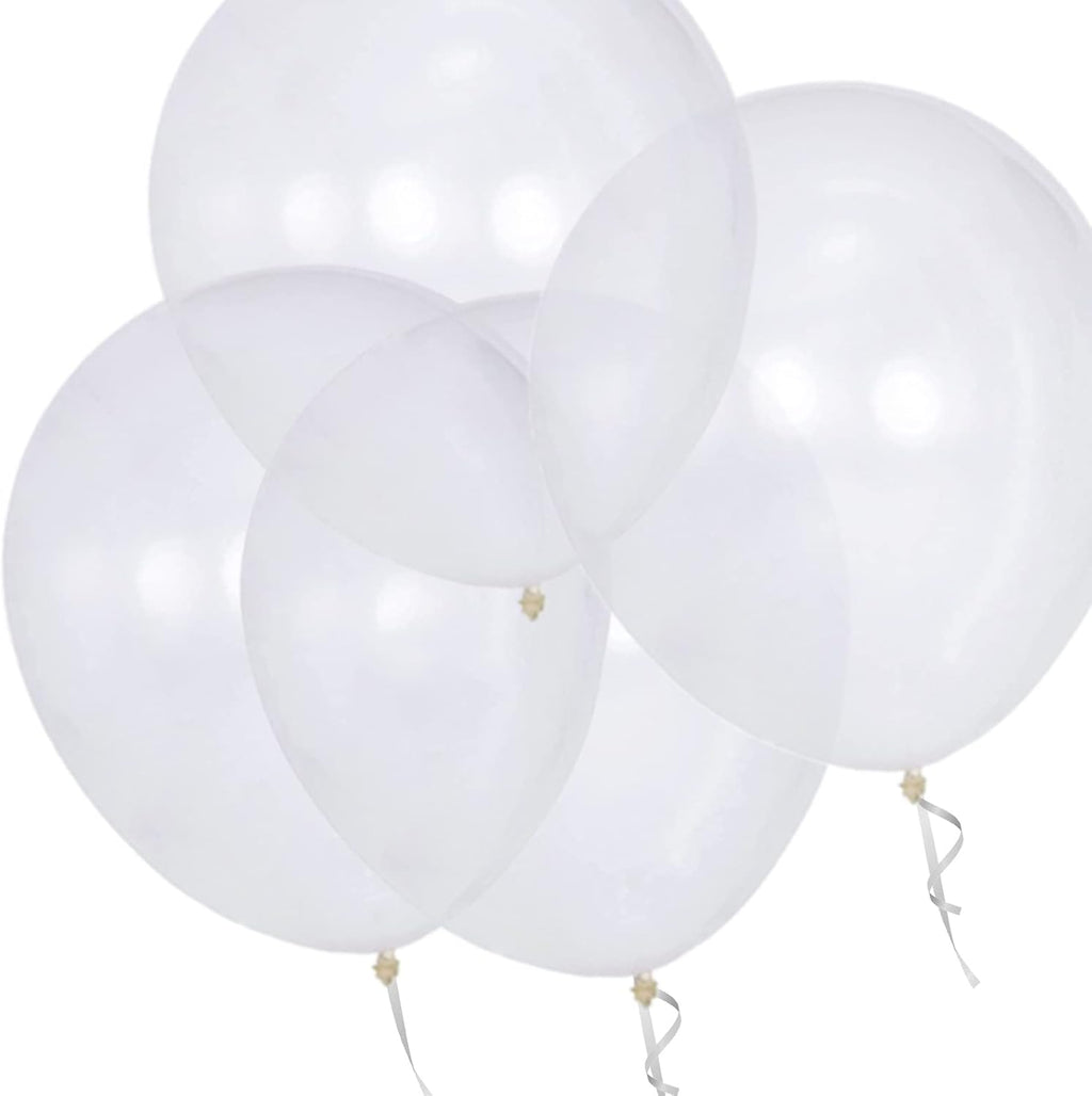 Skiennix Clear Latex Balloons - 100 Pack 12 Inch Transparent Helium Balloons for Parties | Includes 2 Ribbon Rolls