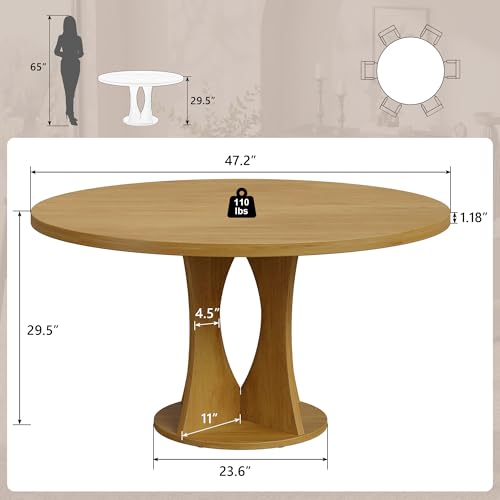 47.2-Inch Round Wooden Dining Table for 4-6, Farmhouse Oak Kitchen Table