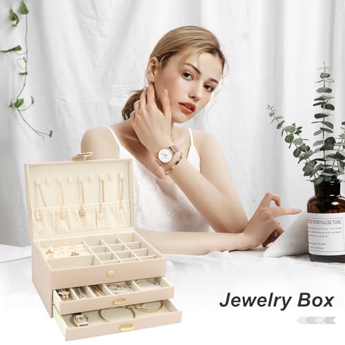 V-LAFUYLIFE Apricot 3-Layer Jewelry Box with 2 Drawers - Large Capacity Organizer