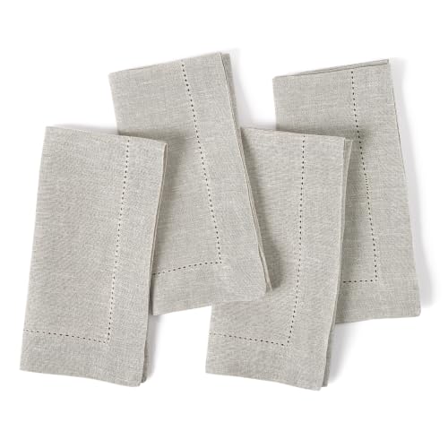 Solino Home Light Flax Hemstitch Linen Dinner Napkins Set of 4, 20x20"
