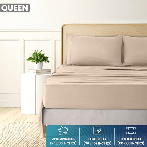 Soft Microfiber Queen Sheet Set - 4-Piece Deep Pocket Bed Sheets (Beige)