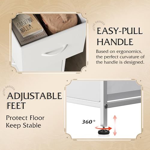 5-Drawer Wide Storage Dresser Chest with Fabric Bins & Wood Top - White