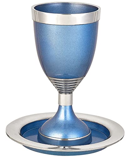 Modern Kiddush Cup and Saucer Set with Blue Accents, 5.75-Inch