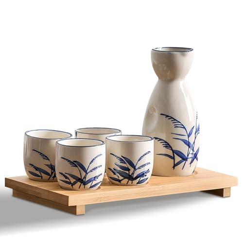 PUNNIO Ceramic Sake Set 5pcs - Japanese Wine & Drinkware with Carafe & Cups