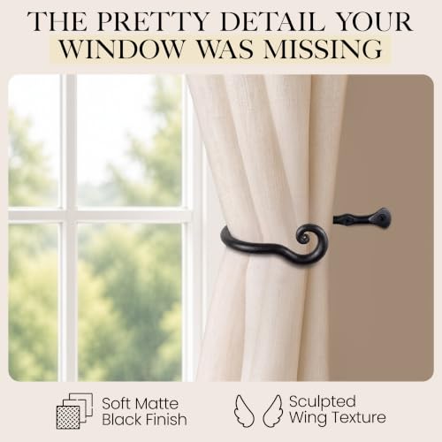 Wrought Iron Curtain Tiebacks, Heavy Duty Metal Drapery Holdbacks, 2 Pack