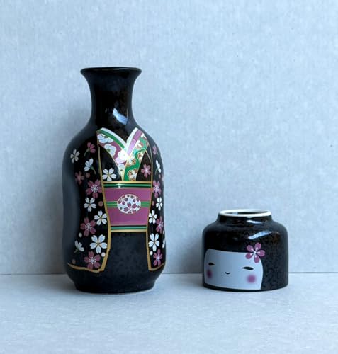 Japanese Kokeshi Sake Set 170ml Ceramic Tokkuri & Ochoko Cup Sakura Komachi