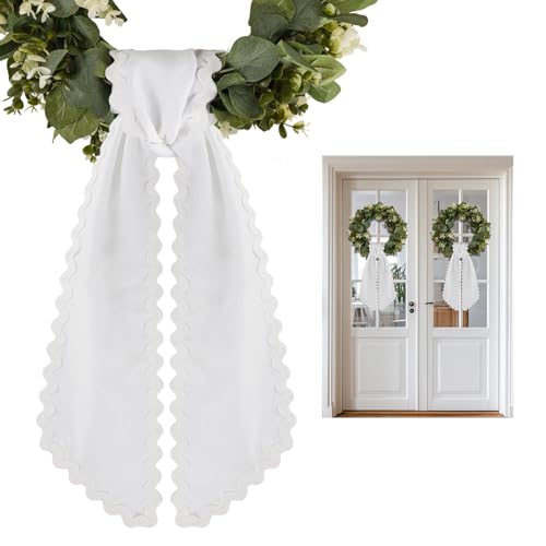 2-Piece Scalloped Wreath Sash, White Decorative Ribbon for Front Door Decor