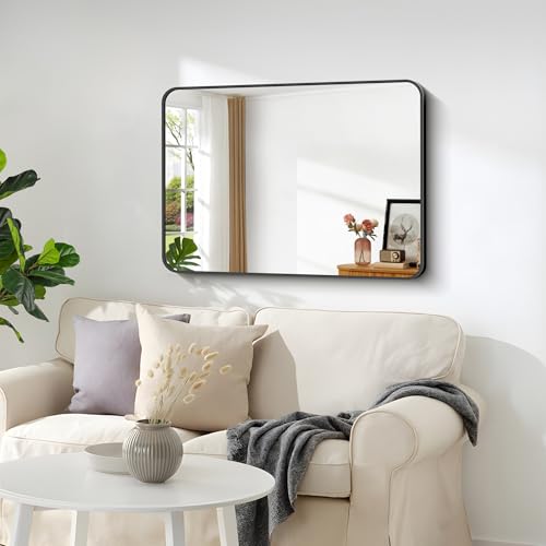 18x24 Inch Black Rectangle Wall Mirror, Shatterproof Metal Framed Vanity Mirror