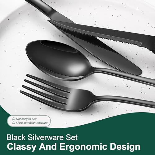 24-Piece Black Stainless Steel Flatware Set with Steak Knives for 4