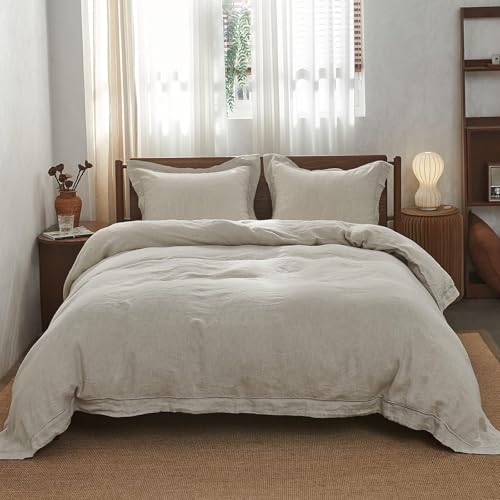 100% French Flax Linen Duvet Cover Set with Embroidery - King Size