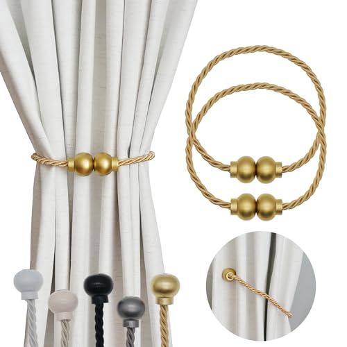 Gold Magnetic Curtain Tiebacks - 2 Pack Modern Woven Rope Holdbacks