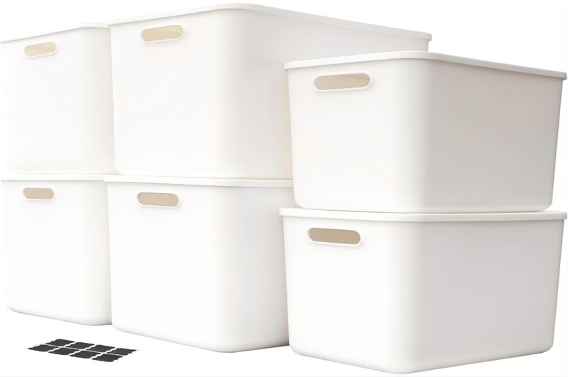 Amyup Set Of 6 Plastic Storage Bins,Versatile Kitchen Pantry Organization and Storage,for Plastic Storage Container Under Bed,Under Sink Bathroom Organizer (White, 4 L+2 M)