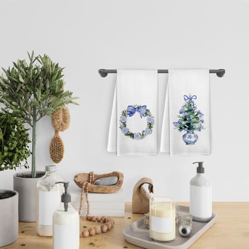 Chinoiserie Christmas Wreath Dish Towels Set of 2 - Blue & White Holiday Decor