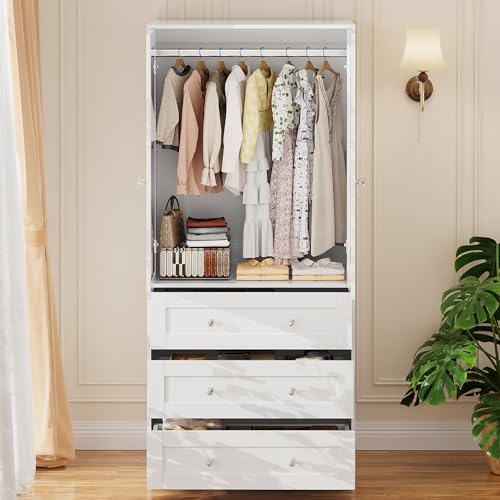 71-Inch Tall Bedroom Wardrobe Closet with Mirror, Drawers, and Hanging Rod