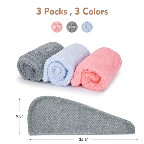 OEAGO Microfiber Hair Towel for Women Teen Girls - Fast Dry, Gentle, Lightweight - Blue, Grey, Pink