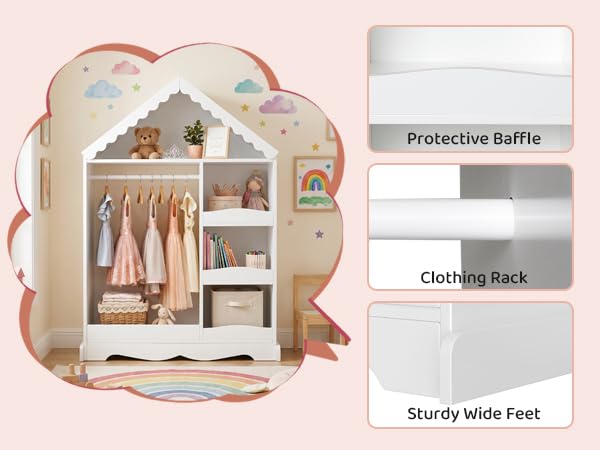 Kids Wardrobe Closet with Mirror, Hanging Rod & Storage Shelves (White)