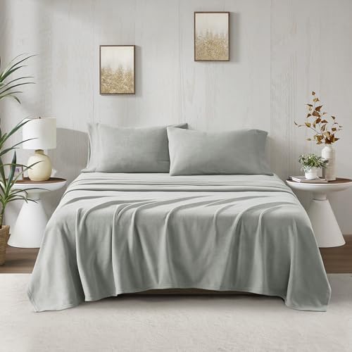 True North by Sleep Philosophy Micro Fleece Bed Sheet Set, Warm, Sheets with 14" Deep Pocket, for Cold Season Cozy Sheet-Set, Matching Pillow Case, King, Grey, 4 Piece