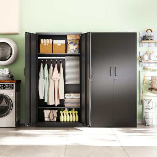 72-inch Metal Wardrobe Storage Cabinet with Adjustable Shelves and Lock
