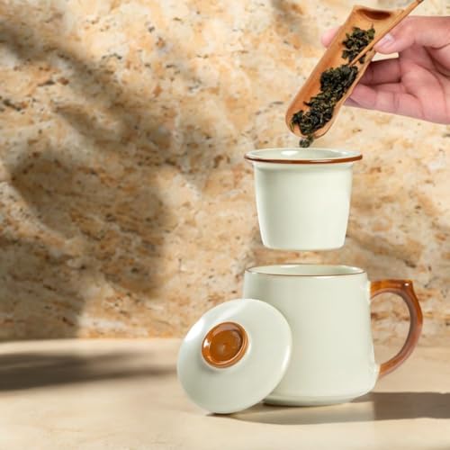 HAFTOLYR Yellow Ru Kiln Ceramic Tea Cup with Infuser & Lid 400ml – Colorful & Durable