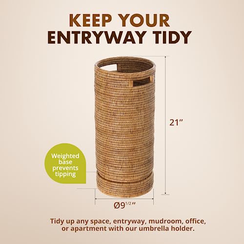 Handwoven Rattan Umbrella Stand with Drip Tray, 21-Inch Tall Entryway Holder
