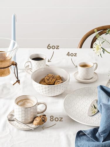 LE TAUCI 4 oz Stackable Espresso Cups with Saucers & Stand - Ceramic Double Shot, Macchiato, Lungo, Ristretto Set, Microwave & Oven Safe - White Embossed