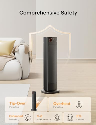 Oscillating Ceramic Tower Space Heater 1500W with Remote and Thermostat