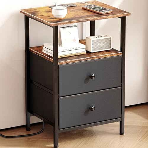 Nightstand with Charging Station, 2 Fabric Drawers & USB Ports