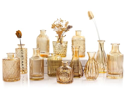 Amber Glass Bud Vases Set of 12 - Vintage Mini Vases for Centerpieces