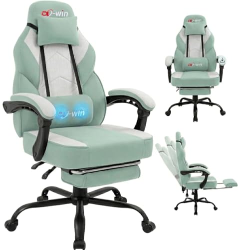 Ergonomic Fabric Gaming Chair with Massage Lumbar Support and Footrest