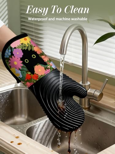 Long Heat-Resistant Silicone Oven Mitts - 2-Piece Quilted Cotton Baking Gloves