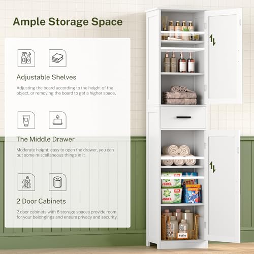 Tall Bathroom Storage Cabinet with Drawer and 6 Adjustable Shelves, White