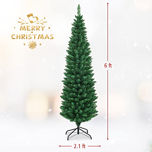 6ft Slim Pencil Artificial Christmas Tree with Metal Stand, Unlit Green